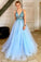 A Line V-Neck Tulle Backless Prom Dress with Sequins Appliques, Long Evening Dresses PW362