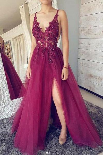 A line Burgundy V Neck Straps Tulle Prom Dresses Beads Lace Appliques Party Dresses