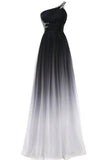 A line Chiffon Black and White One Shoulder Prom Dresses Long Ombre Evening Dresses
