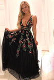 A line Deep V Neck Backless Lace Prom Dresses Black Evening Dress with Appliques
