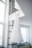 A line Lace Appliques Scoop Prom Dresses Backless Tulle Ivory Wedding Dresses