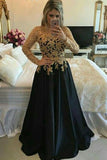 A line Lace Black Puffy Pearls Gold Evening Dresses Long Sleeve Appliques Prom Dresses