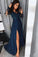 A line Navy Blue Long Sleeve Sweetheart Prom Dresses Slit Long Evening Dresses