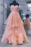 A line Pink Sweetheart Lace Appliques Prom Dresses with Tulle Cheap Party Dresses