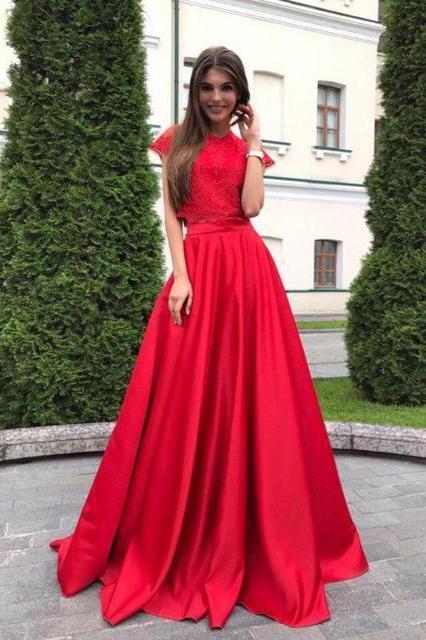 A line Red Lace Satin Prom Dresses Short Sleeve Round Neck Long Evening Dresses