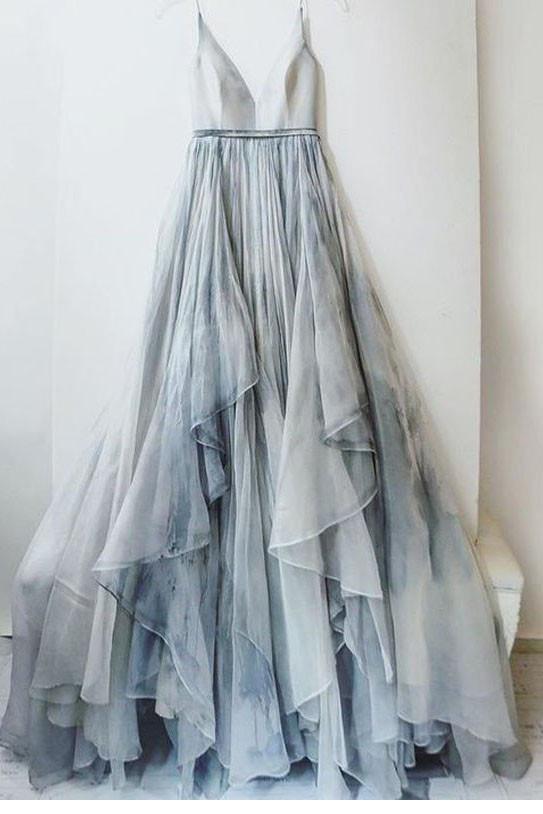 A line Tulle Ombre Deep V Neck Spaghetti Straps Blue Prom Dresses Evening Dresses