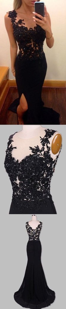 Pretty Mermaid Black Lace Beading Sweetheart With Slit Modest Cheap Prom Dresses