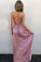 A-Line V Neck Criss Cross Back Blush Pink Satin Floor Length Prom Dresses with Split