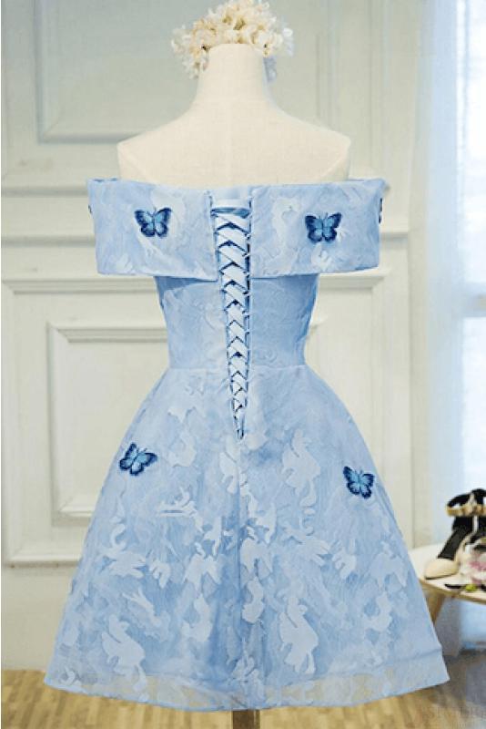 Cute A Line Sky Blue Lace Butterfly Appliques Off the Shoulder Homecoming Dresses