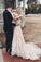 A line V Neck Asymmetrical Long Sleeve Lace Tulle Wedding Dresses with Train Prom Dress