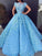 Ball Gown Blue Prom Dresses Floral Lace Bateau Long Cap Sleeve Quinceanera Dresses