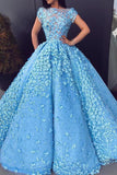 Ball Gown Blue Prom Dresses Floral Lace Bateau Long Cap Sleeve Quinceanera Dresses