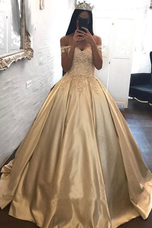 Ball Gown Champagne Gold Satin Quinceanera Dresses Appliques Lace Prom Dresses