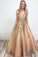 Ball Gown Gold Lace Long Prom Dresses with Appliques V Neck Tulle Evening Dresses