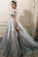 Ball Gown Gray Off the Shoulder Tulle Prom Dresses with Lace Appliques