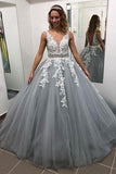 Ball Gown Gray V Neck Prom Dresses with Lace Appliques Quinceanera Dresses