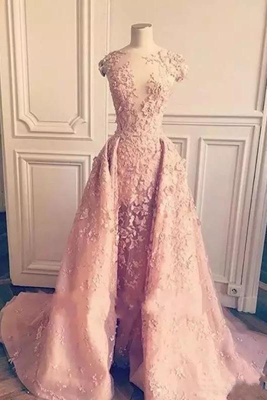 Ball Gown Mermaid Pink Lace Appliques Tulle Cap Sleeve Backless Prom Dresses