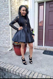 Black Long Sleeve Backless Satin Homecoming Dresses with Lace Short Party Dresses