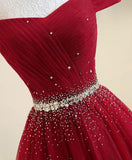 Burgundy A line Off the shoulder Sweetheart Prom Dresses Beads Evening Dresses