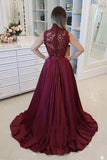 Burgundy High Neck Lace Prom Dresses Beads Satin Long Cheap Party Dresses