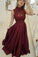 Burgundy High Neck Lace Prom Dresses Beads Satin Long Cheap Party Dresses