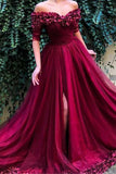 Burgundy Off the Shoulder Maroon Long Prom Dresses Short Sleeves Slit Formal Dress
