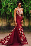 Charming Burgundy Prom Dresses, Mermaid Long Lace Appliqued Sleeveless Formal Dress PW340