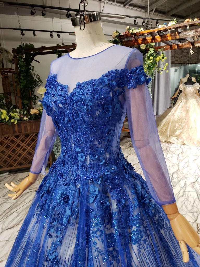 Charming Long Sleeve Round Neck Tulle Blue Beads Ball Gown Prom Dresses with Lace up