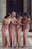 Charming Sheath V Neck Prom Dresses Slit Pink Long Bridesmaid Dresses PW515