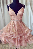 Cheap A Line Spaghetti Straps Lace up V Neck Pink Homecoming Dress with Sequins