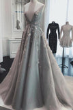 Chic A Line Silver Tulle Prom Dresses V Neck Lace Appliques Long Formal Dresses PW978