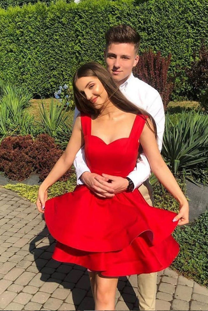 Cute A Line Red Sweetheart Layered Satin Homecoming Dresses with Backless Straps