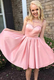Cute A Line Satin Scoop Pink Beads Straps Short Prom Dresses Homecoming Dresses