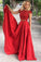 Elegant Red Two Pieces Beads Cap Sleeves Satin Evening Dresses,Prom Dresses uk PW323