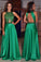 A-Line High Neck Sleeveless Green Open Back Satin with Beading Prom Dresses