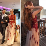 A-Line Two pieces Red Lace Tulle High Neck Cap Sleeve Applique Junior Elegant Prom Dresses