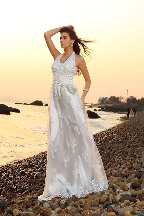 Princess A-Line Halter Belt Sleeveless Long Lace Sweetheart Beach Wedding Dresses