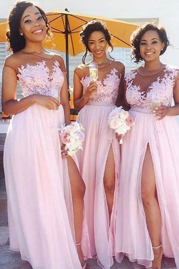 A-Line Pink Princess High Slit Scoop Sleeveless Lace Applique Chiffon Bridesmaid Dresses
