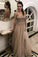 A Line V Neck Tulle Lace Appliques Backless Brown Sleeveless Prom Dresses