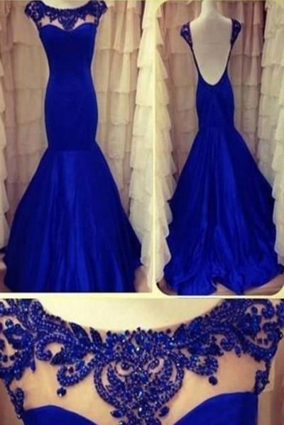 Sexy Mermaid High Neck Cap Sleeve Scoop Beads Backless Royal Blue Evening Dresses