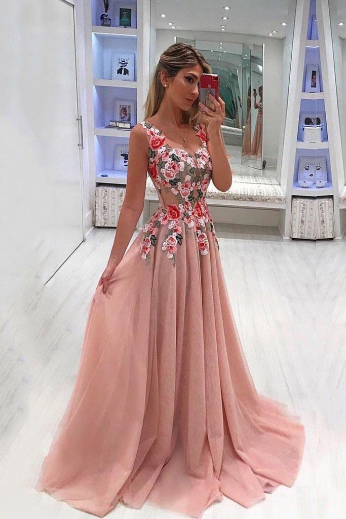 Embroidery Appliques Long A line Pink Prom Dresses Tulle Cheap Formal Dresses PW511
