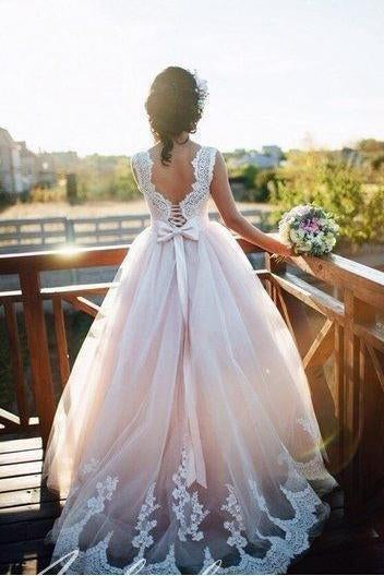 A Line Nude Tulle Pink Lace Appliqued Ball Gown Lace up Beach Wedding Dresses