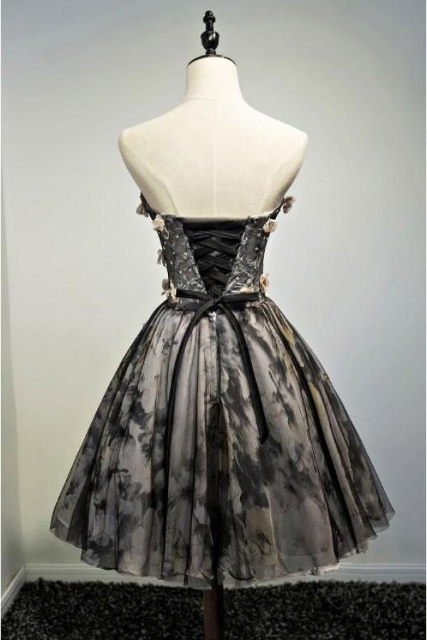 A Line Black Sweetheart Strapless with Flowers Tulle Short School Dress Homecoming Dress