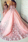 Ball Gown Pink Tulle Lace Applique Long Sweetheart Strapless Prom Dresses Evening Dresses