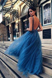 A Line Blue V Neck Beading Tulle Long Vintage Backless Prom Dresses