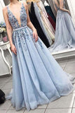 Delicate Sleeveless V Neck Backless Light Blue with Lace Appliques Long Prom Dresses uk PW268