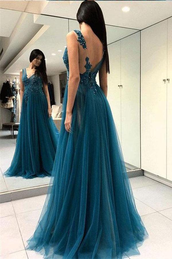 A Line Green V Neck Tulle Open Back Lace Beads Sleeveless Evening Prom Dresses