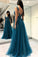 A Line Green V Neck Tulle Open Back Lace Beads Sleeveless Evening Prom Dresses