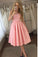 Charming Lace A-line Cute Satin Pink Tea Length Appliques Homecoming Dresses