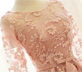 A Line Pink Lace Long Sleeve Open Back Scoop Knee Length Appliques Homecoming Dress